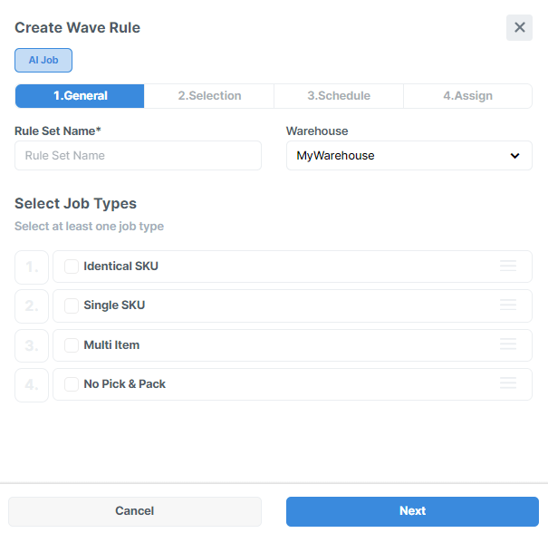 When creating wave rules in Logiwa IO you select job types you define in the AI jobs add-on When creating wave rules in Logiwa IO you select job types you define in the AI jobs add-on